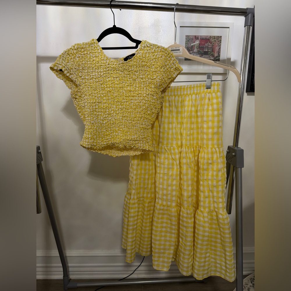 Lulu's Yellow and White Smocked Crop Top & gingham skirt set